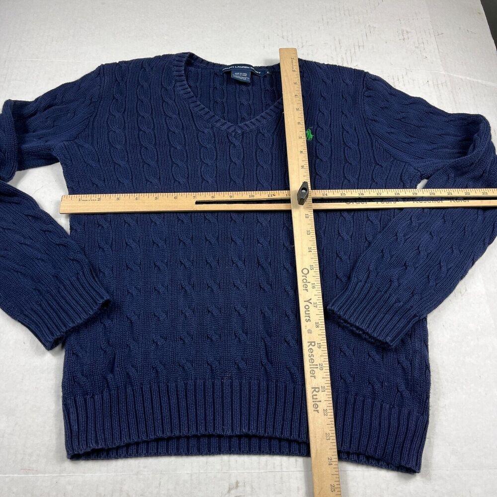 Ralph Lauren Sport Womens V-Neck Sweater Blue Long Sleeve Cable Knit Pullover XL - Picture 5 of 10